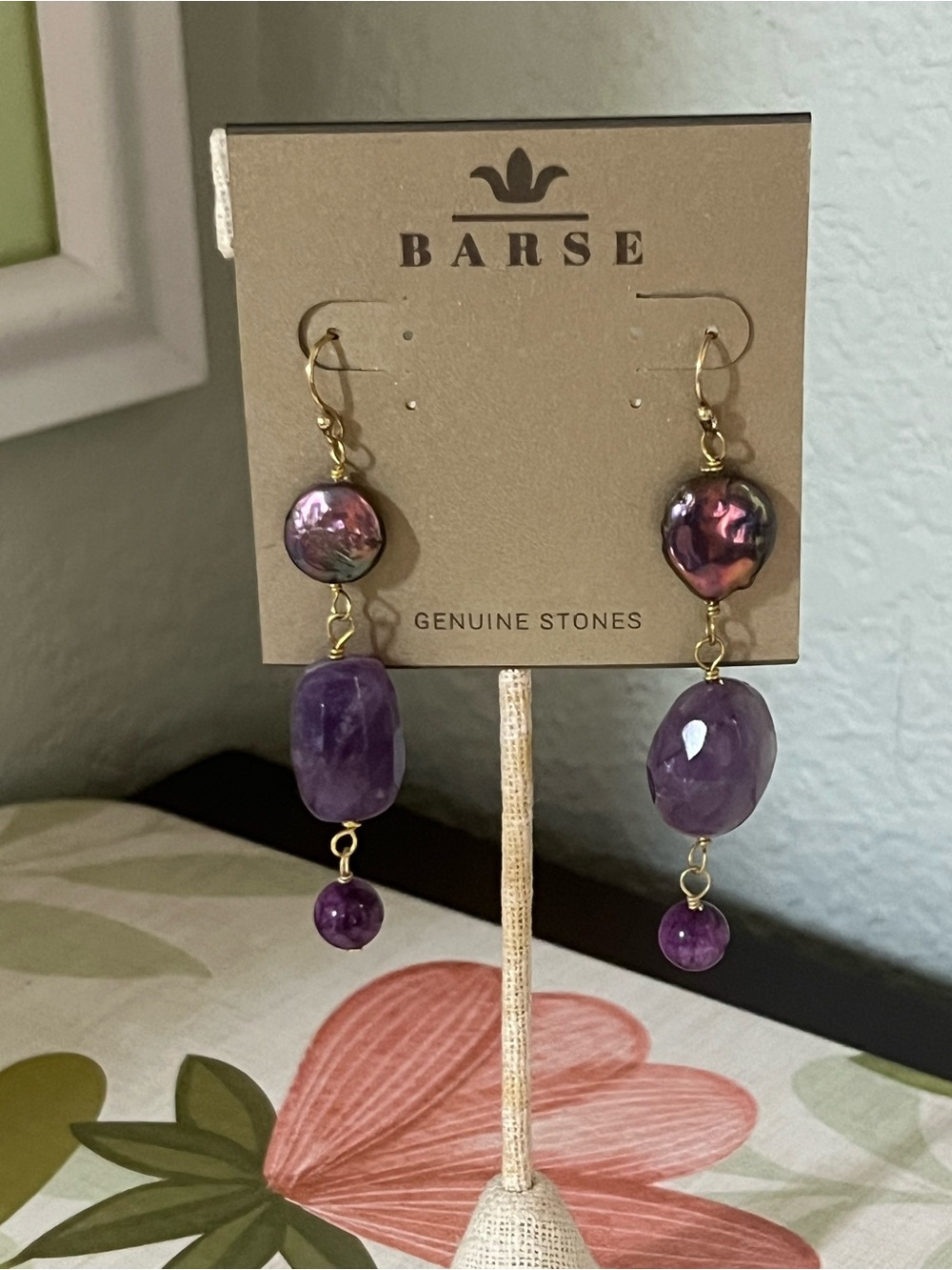 NWT Barse Genuine Stones Gold Amethyst & Abalone Pearl Drop Earrings #BJER